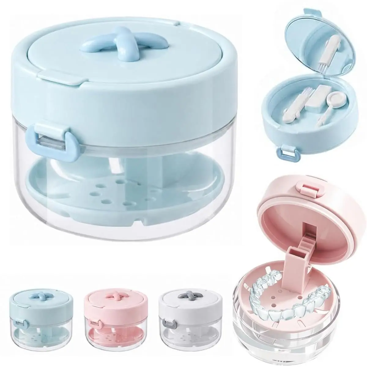 Multi-Function 3-in-1 Dental Retainer Case with Lid, Mirror, Cleansing Brush, Leak-Proof Aligner Storage Box, Auto-Rising Bath, Strainer Basket & Remover Tool, Portable Oral Dental Care Travel Kit for Daily Use