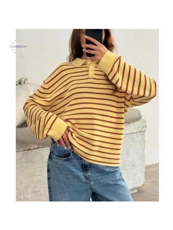 Modern Oversized Striped Sweater for Women Collared Long Sleeve Preppy Polo Vintage Aesthetic Knitted Rugby Shirts, effortless layering, chic everyday, refined casual, versatile piece