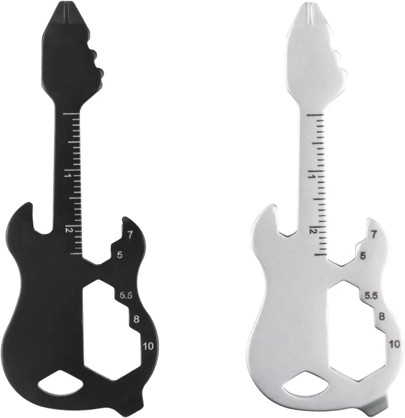 Stainless Steel Guitar-Shaped Beer Opener Keychain - 75mm Profile, 7.5x2.85x0.25cm, Durable Lightweight 17g, Ergonomic Multi-Tool for Bars & Kitchens, Music Lovers’ Kitchen Gadget (Black, Silver)