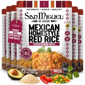 San Miguel de Origen 12g Protein Mexican Homestyle Red Instant Rice with Veggies, Cooked in Bone Broth & Avocado Oil - Ready to Eat Microwave Rice - Gluten Free Mexican Rice Pouch - Pantry Food Easy Meal - (6-Pack) 8.8oz