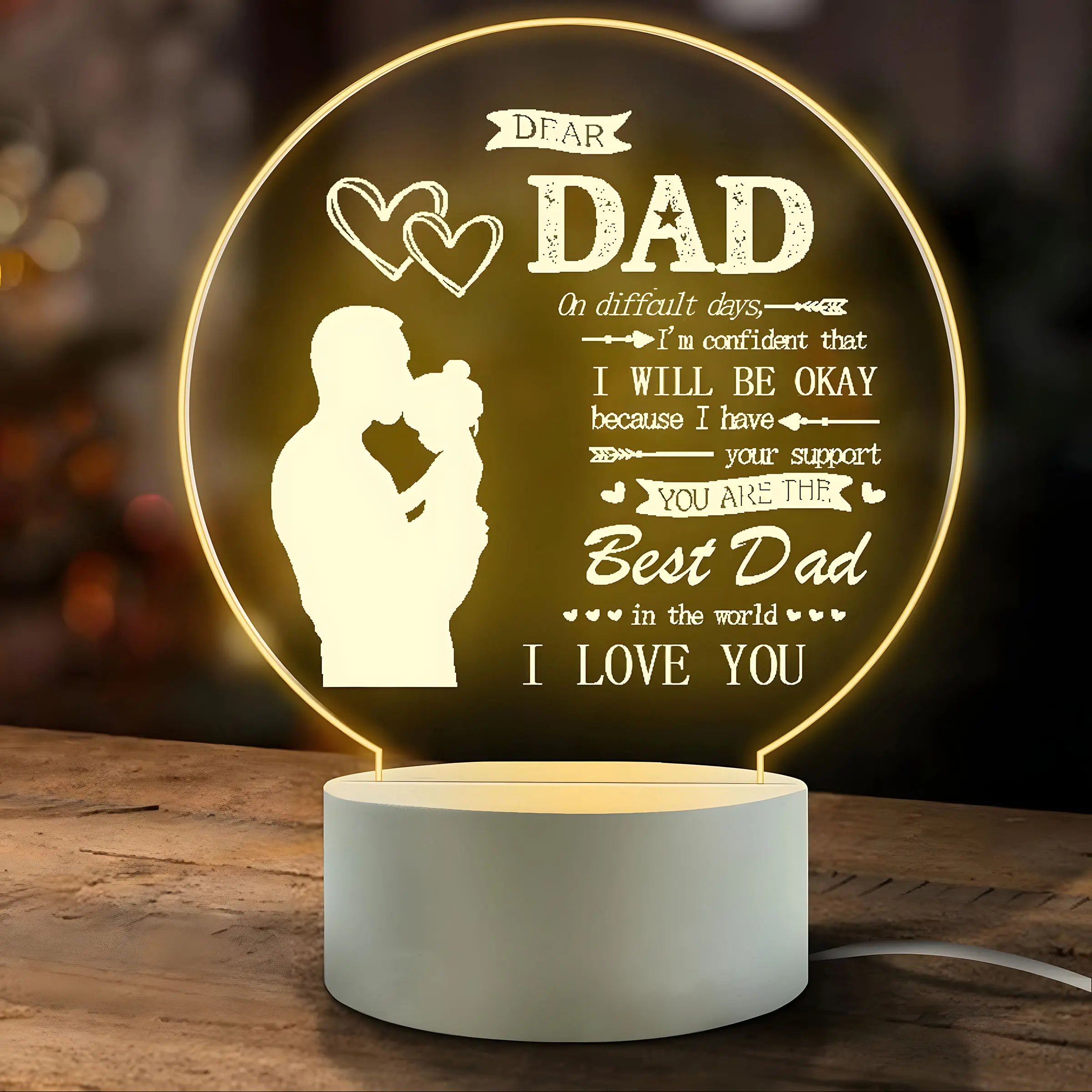 Modern Dad Night Light with Message, Best Father's Day/birthday Gift for Daughter or Son, Bedside Lamp, Heart Silhouette, Rust-Resistant Memorial, Led Lighted, Led Lamp, Led Lights, Led Lighting Light
