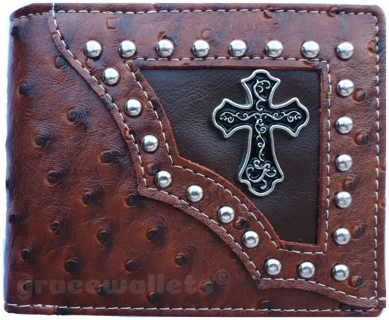 Men’s Western Cross Bifold Wallet – Brown Ostrich Style Leather, Cowboy Design