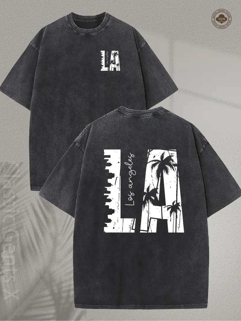 valentine shirts Men's Vintage Palm Tree Graphic T-Shirt - 230GSM Heavy Washed Cotton Short Sleeve Shirt, Double-Sided Retro California Beach Design for Streetwear, Outdoor & Travel, Loose Fit Casual Tee