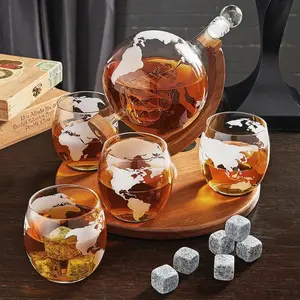 Globe Decanter Set 4 Whisky Glasses And Stones Etched Decanters Gift Set Wood Stand Handles Durable Convenience Wine Utensils Wooden Utensils Wooden