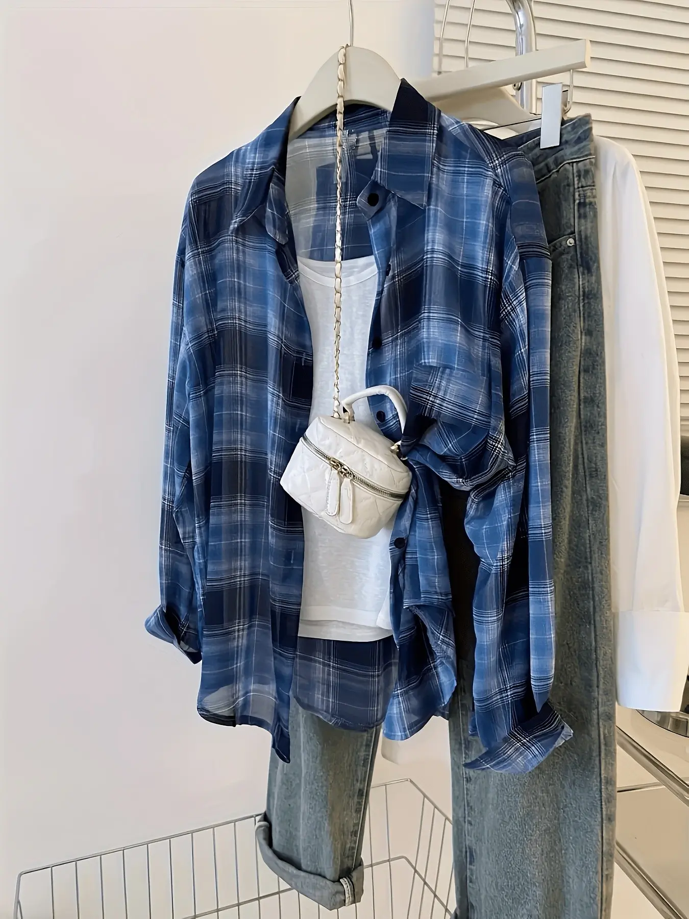 Summer Fashion Plaid Chiffon Shirt, Lightweight Blue Checkered Blouse, Casual Long Sleeve, Comfortable Loose Fit, Boho Flowy Tops, Women's New Style 2026