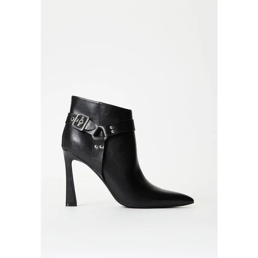 Women's Statement Shoes: Pointed Toe Faux Leather Ankle Boots with 4.25 in Block Heel, Unique Buckle Decor and Inside Zip - Comfortable Heels for Everyday Wear, Casual, Alternative Style