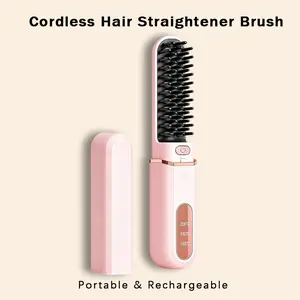 Cordless Hair Straightener Brush - Lightweight, 3 Temp Levels, Adjustable, Smooth, Anti-Scald, Rechargeable Mini Portable Heated Styling Comb for Travel