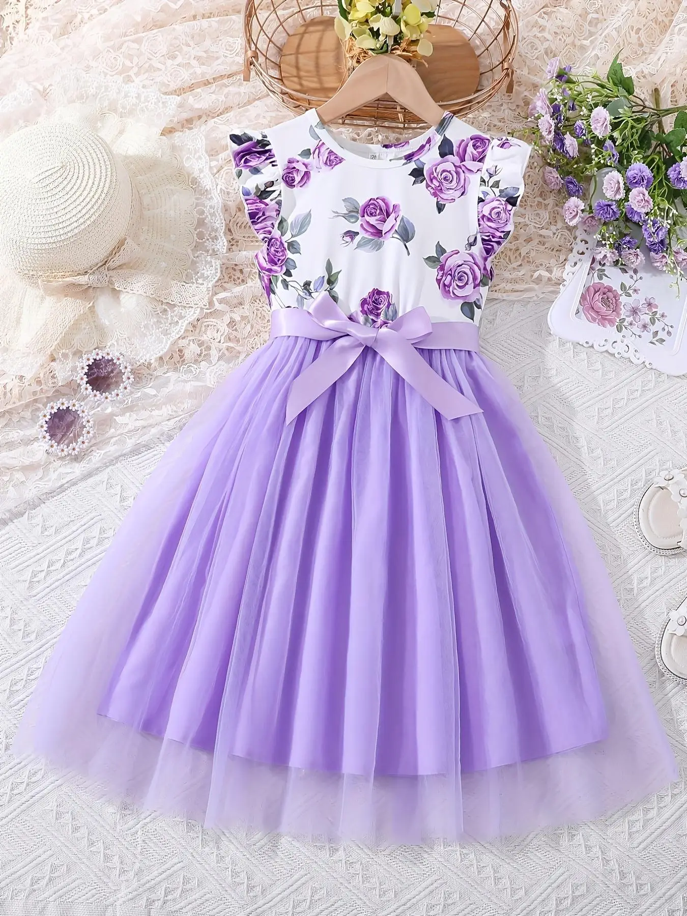 Girl's Floral Print Bow Decor Contrast Mesh Dress, Cute Casual Round Neck Dress for Summer, Kids Clothes for Daily Wear
