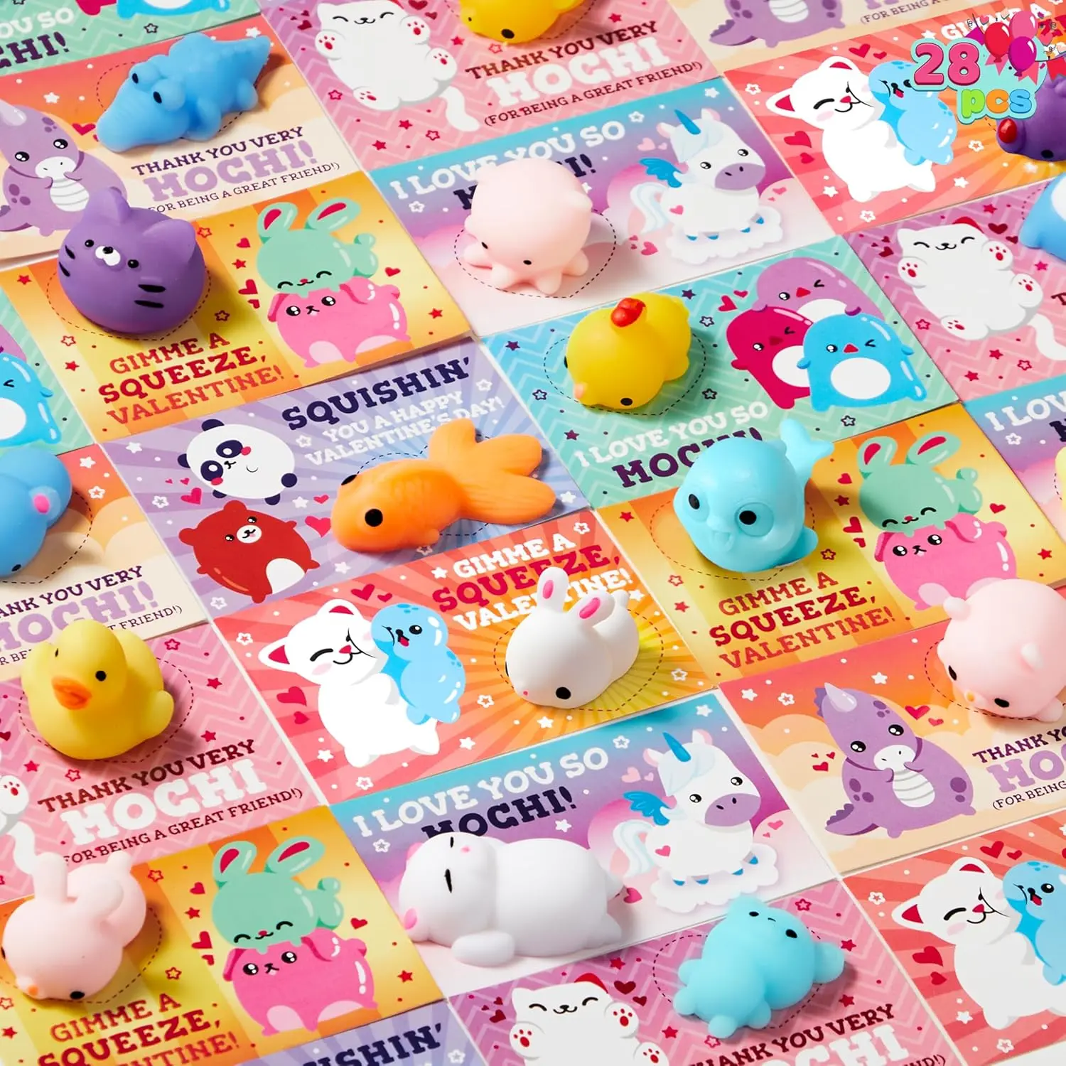 28 Packs Valentines Day Mochi Squishy Toy Gift Cards for Kids, Kawaii Mochi to Squeeze with Cards, Squishy Toy Stress Relief Fidget Toys for Kids Classroom Exchange Prizes Valentine Party Favor