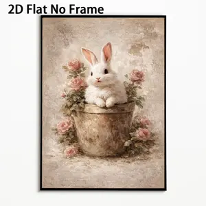 1 Piece 2D Flat Rabbit and Rose Theme Art Poster| Vintage Style, Frameless Canvas, Suitable for Living Room, Bedroom, Kitchen, Ideal for Easter, Valentine's Day, Ramadan Decorations