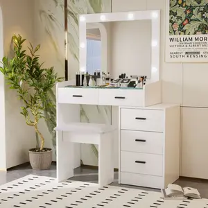 White Vanity Desk with Stool, Adjustable Dressing Table with 5 Drawers and Mirror