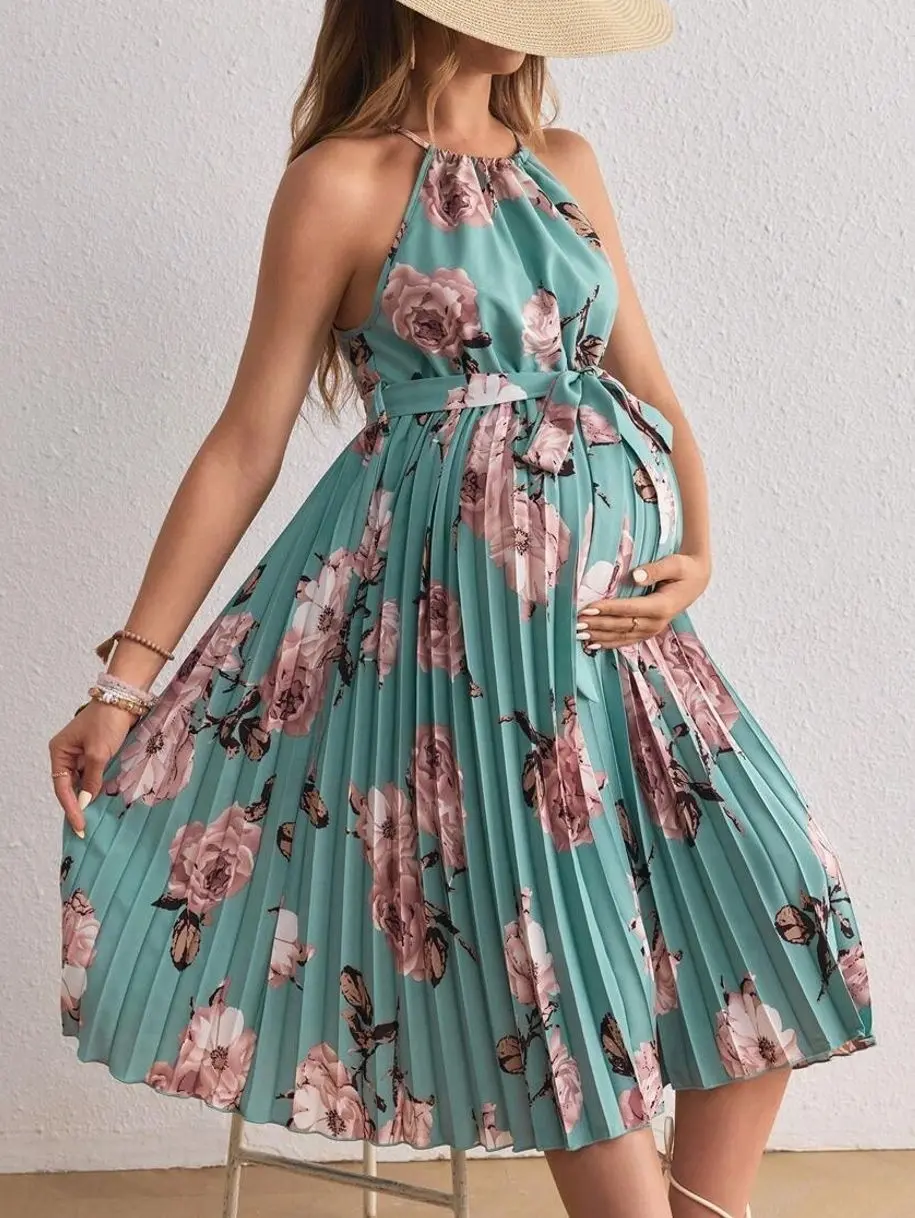 Maternity Halter Floral Dress, Pleated Hem Summer Pregnancy Outfit for Vacation and Beach