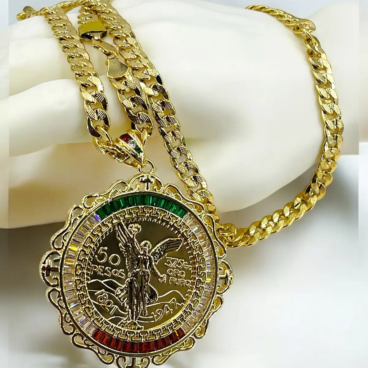 Moneda Centenario Collar CZ Baño De Oro 14k/Coin Necklace with Multi-Colored Cubic Zirconia Stones, 24 inches Long