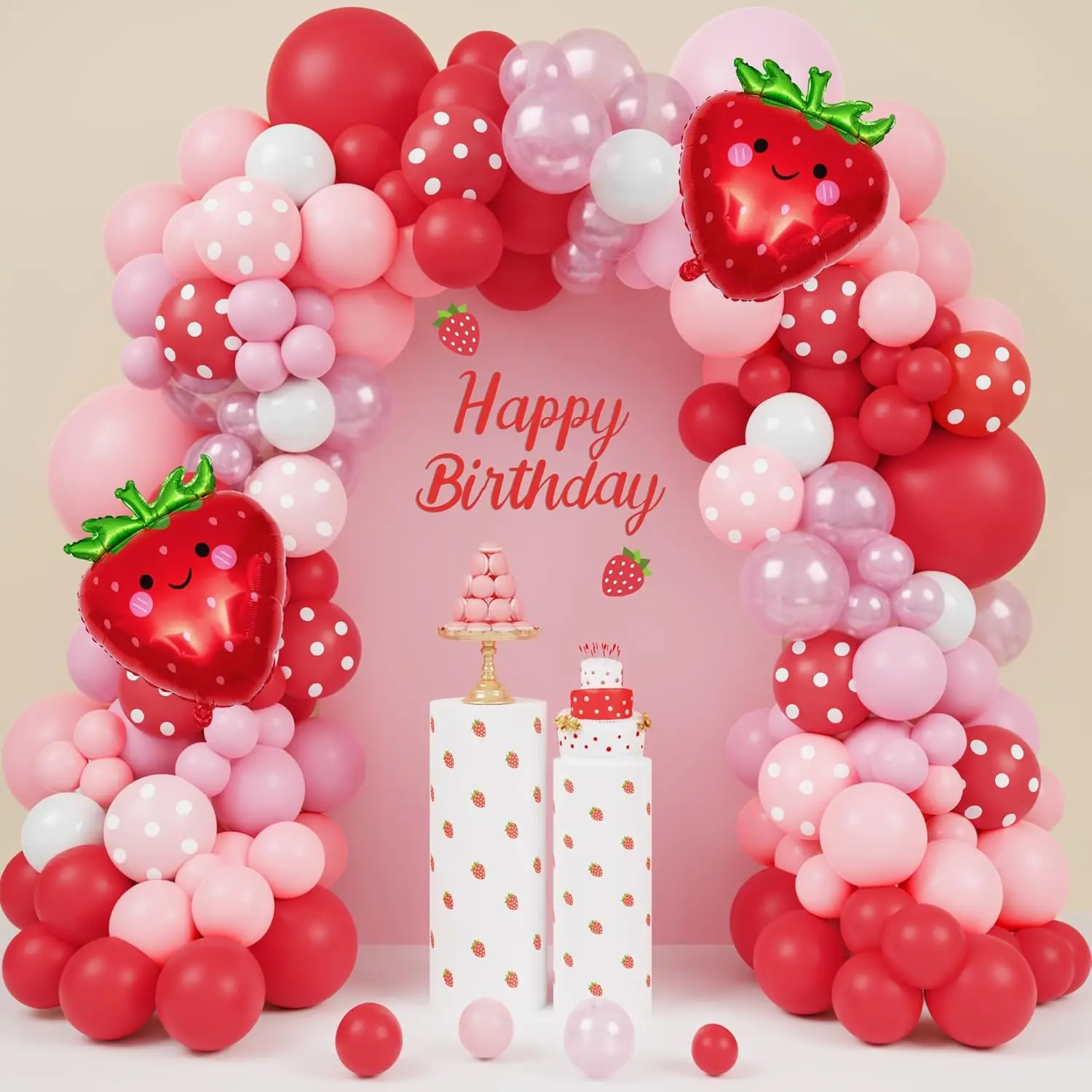 171Pcs Strawberry Balloon Garland Kit – Red, Pink, Polka Dot, and Foil Balloons for Berry-Themed Baby Showers, First Birthdays, and Fruit Party Decorations