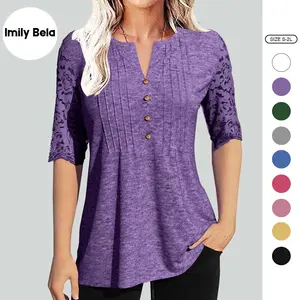 Imily Bela Women's Lady Basic Solid Color V-Neck Blouse, Summer Half-Sleeve Pleated Tunic Top with Button Detail, Lace Accents for Casual Clothes