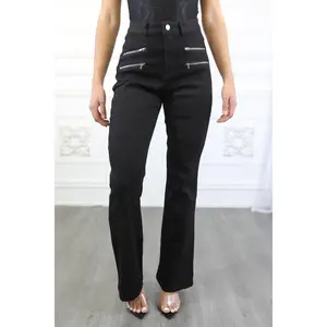 Black Flared Slacks With Double Zipper Detail