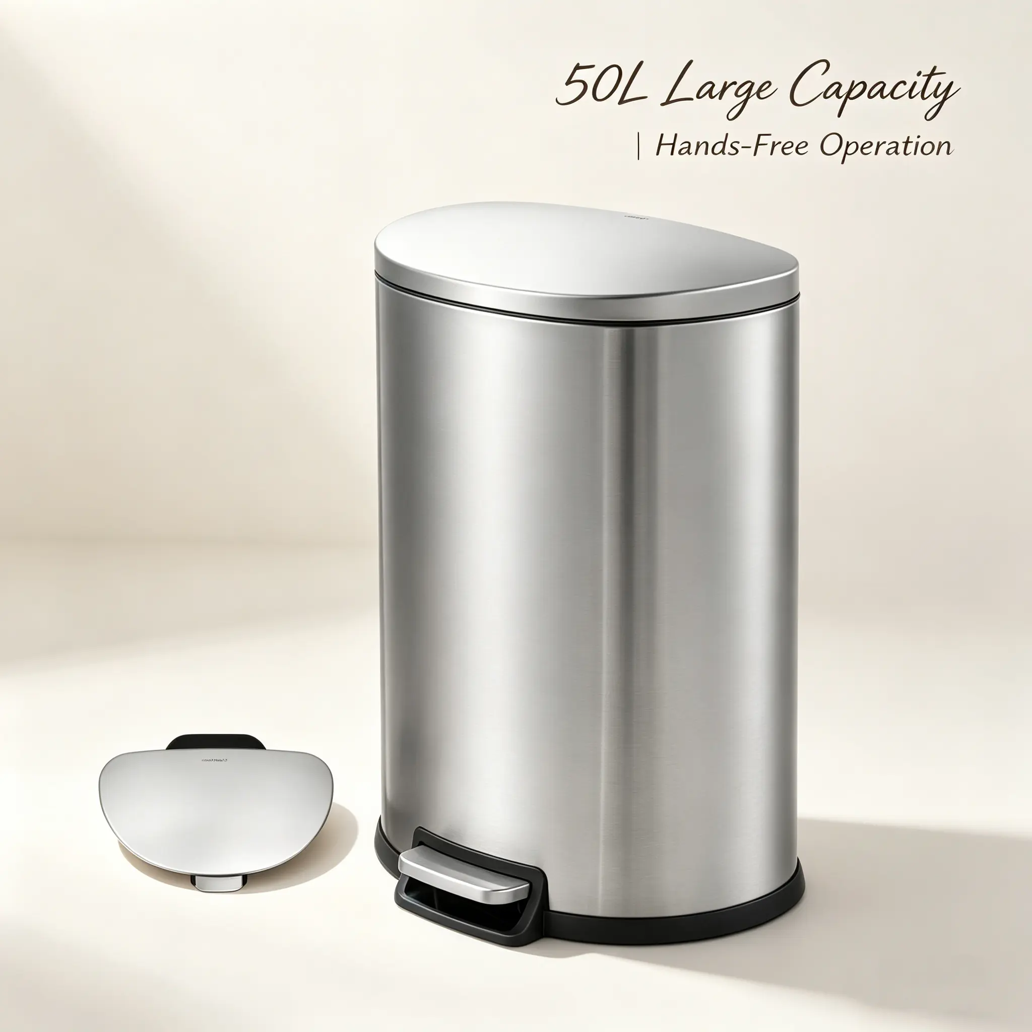 13 Gallon 50L Stainless Steel Step-On Trash Can, Hands-Free Operation, Soft Close Quiet Lid, Fingerprint Resistant, Removable Inner Liner for Kitchen Home