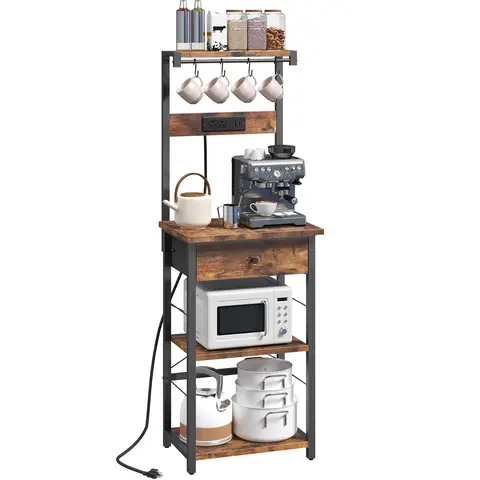 Mahancris Retro Industrial Style Metal Bakers Rack - Rustic Brown & Black, 4-Tier Shelves, Pod Drawer, Built-In Power/USBs, Less Cords, Hooks, Stable X-Cross Base, Small Space Furniture, 13.4" Wide, Adjustable Feet, Assembly Required