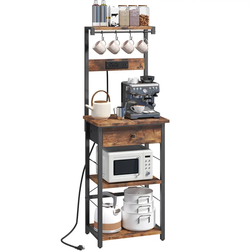 Mahancris Retro Industrial Style Metal Bakers Rack - Rustic Brown & Black, 4-Tier Shelves, Pod Drawer, Built-In Power/USBs, Less Cords, Hooks, Stable X-Cross Base, Small Space Furniture, 13.4" Wide, Adjustable Feet, Assembly Required