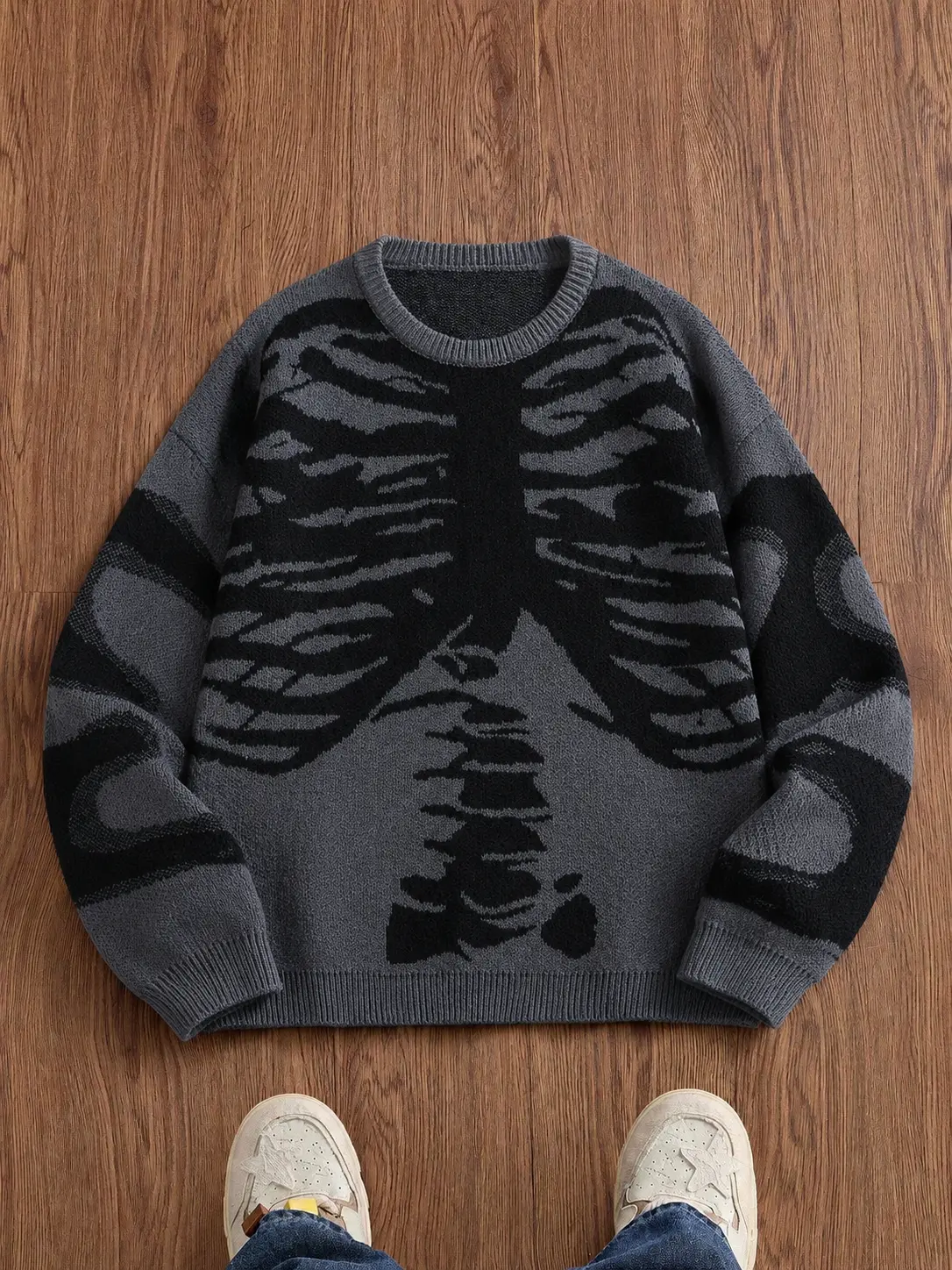 Men’s jacquard knit crewneck sweater with skull skeleton motif, dark aesthetic, American vintage style, loose fit, casual autumn/winter top