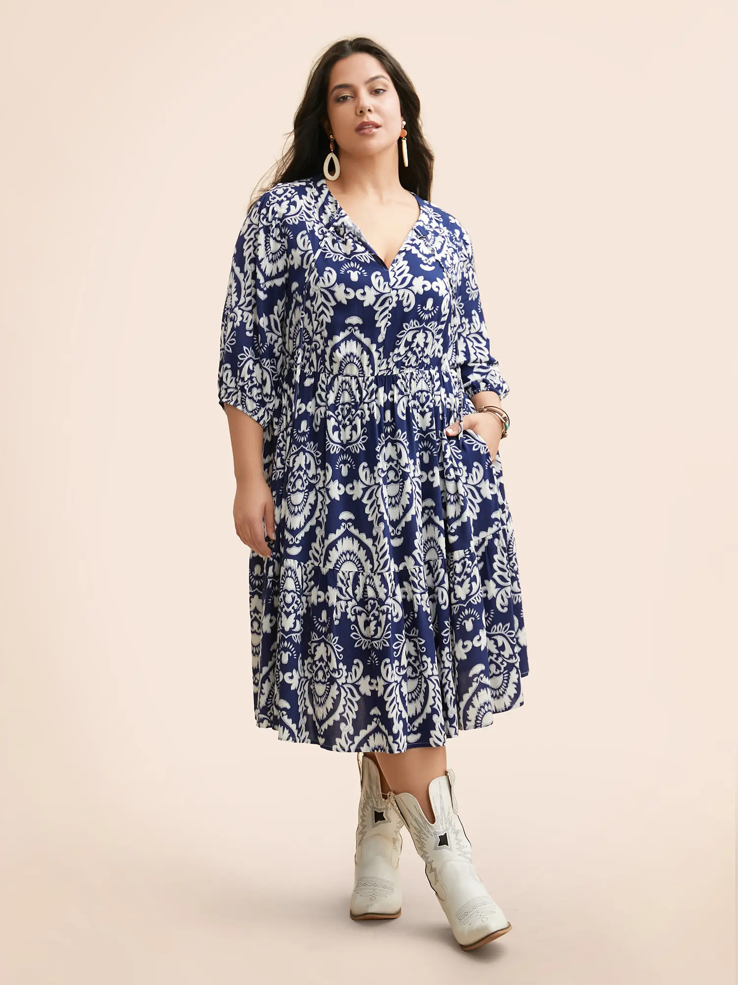 BLOOMCHIC Women's Rust Damask Boho Print V-Neck Tie-Knot Elbow-Length Puff Sleeve Regular-Fit Midi Dress with Pocket, Lady Mom Casual Everyday Wear, Affordable Fashion Boho Style Outfit, Womens Dresses, Bohemian Print Dresses