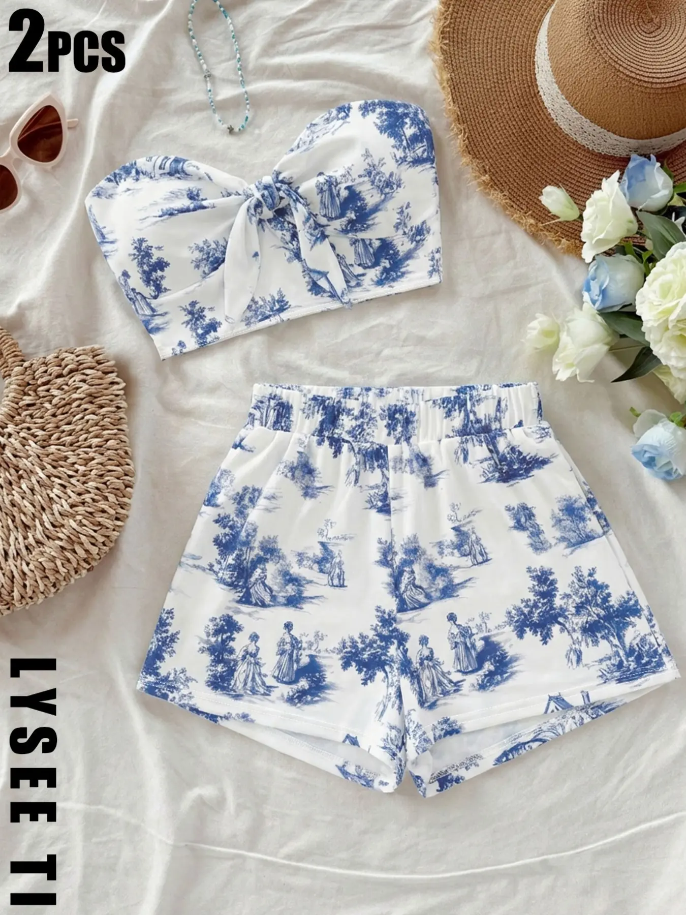 Elegant Blue Print Two-Piece Set, Butterfly Knot High Waist Shorts, Soft Breathable Summer, Valentine's Day Dress, Beachwear, Muslim Clothing