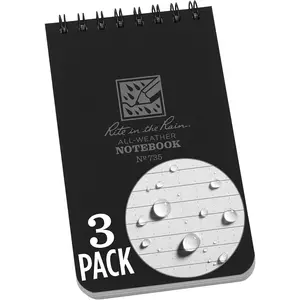 Rite in Rain Weatherproof Top Spiral Notebook, x 5", Black Cover, Universal Pattern, 3 (No.7353X).