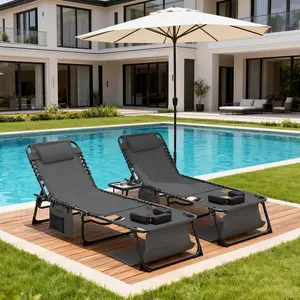 Tanning Chairs with Face Hole Set of 2, Teslin Folding Outdoor Lounge Chair with 5-Position Reclining Back for Sunbathing, Pool, Patio, Camping