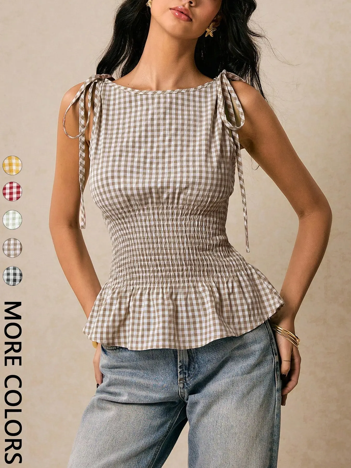 Women's Elastic Plaid Pattern Tank Top with Boat Neck, Cute Vintage Y2k Style Chic Feminine Adjustable Tie Shoulder Ruffle Hem Summer Top, Ideal for Commuting & Daily Wear