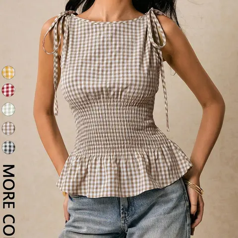 Women's Elastic Plaid Pattern Sleeveless Breathable Summer Tank Top with Boat Neck, Cute Vintage Y2k Style Chic Feminine Adjustable Tie Shoulder Ruffle Hem Summer Top, Ideal for Commuting & Daily Wear