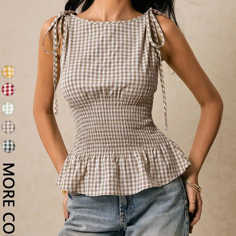 Women's Elastic Plaid Pattern Sleeveless Breathable Summer Tank Top with Boat Neck, Cute Vintage Y2k Style Chic Feminine Adjustable Tie Shoulder Ruffle Hem Summer Top, Ideal for Commuting & Daily Wear