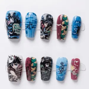 Demon Slayer Giyu Tomioka Anime Press On Nails  Water Hashira Geometric Pattern  Short Coffin Shape Reusable Glue On Nails Demon Slayer Inspired Alt Aesthetic Fake Nails