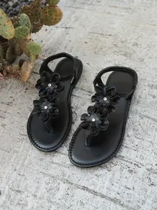 Women's Flat Sandals, Flower Decoration, Lightweight Summer Shoes, Outdoor Beach and Park Wear, Minimalist Style, PU Material, Casual Flat Sandals