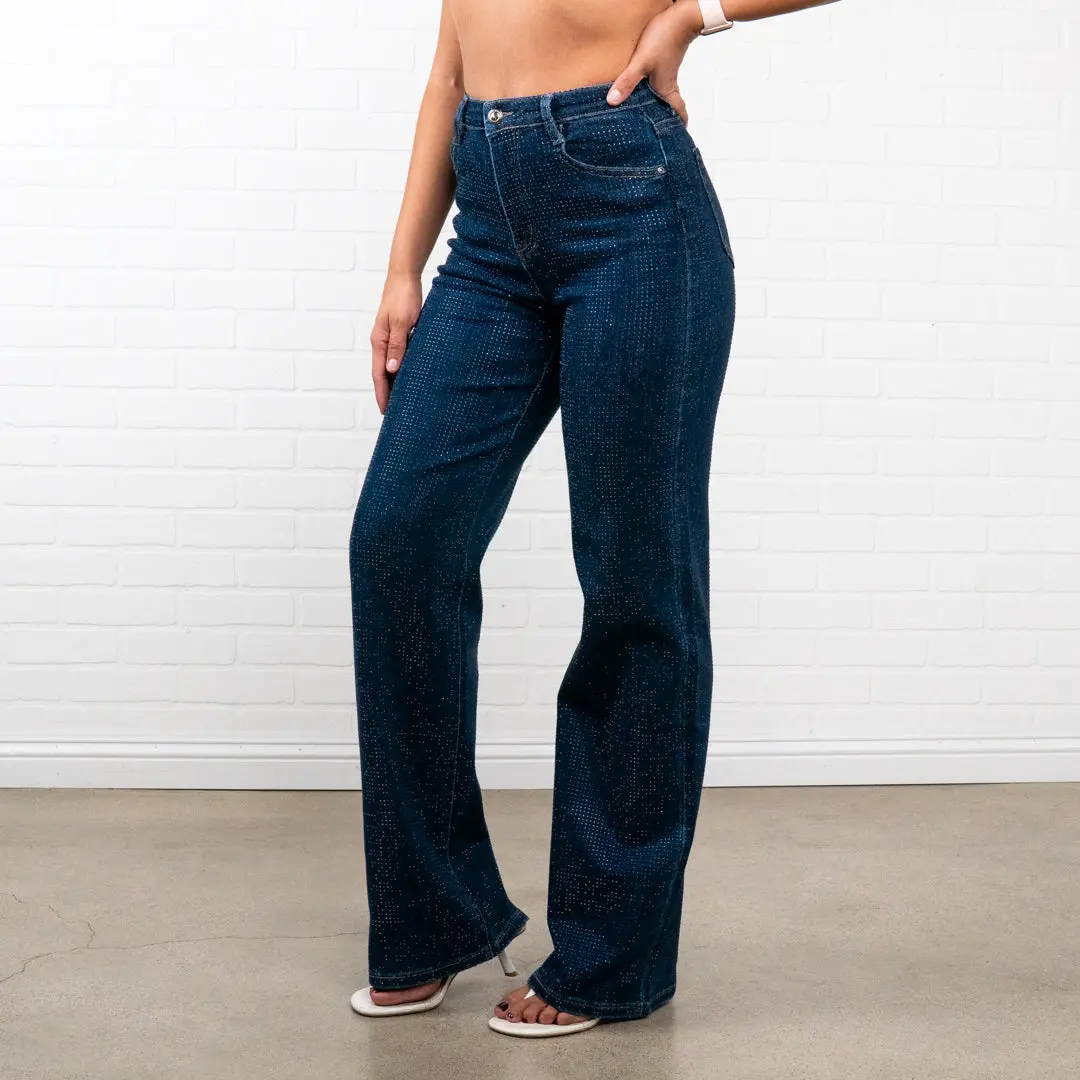 Adaline Rhinestone Straight JEANS – Sparkly High Waisted Denim