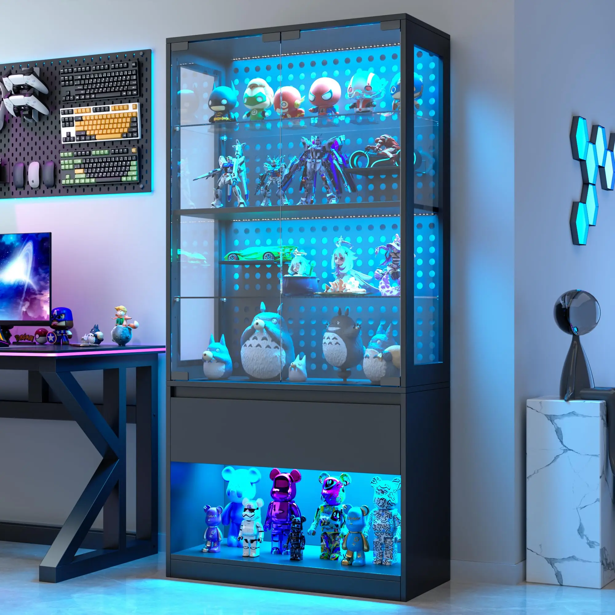 65'' Tempered Glass Lighted Curio Cabinet - Standing Home Storage Display Case with Adjustable Shelving Solutions, RGB LEDs, Glass Doors, 23.6-in Width for Collectibles, Gaming Items