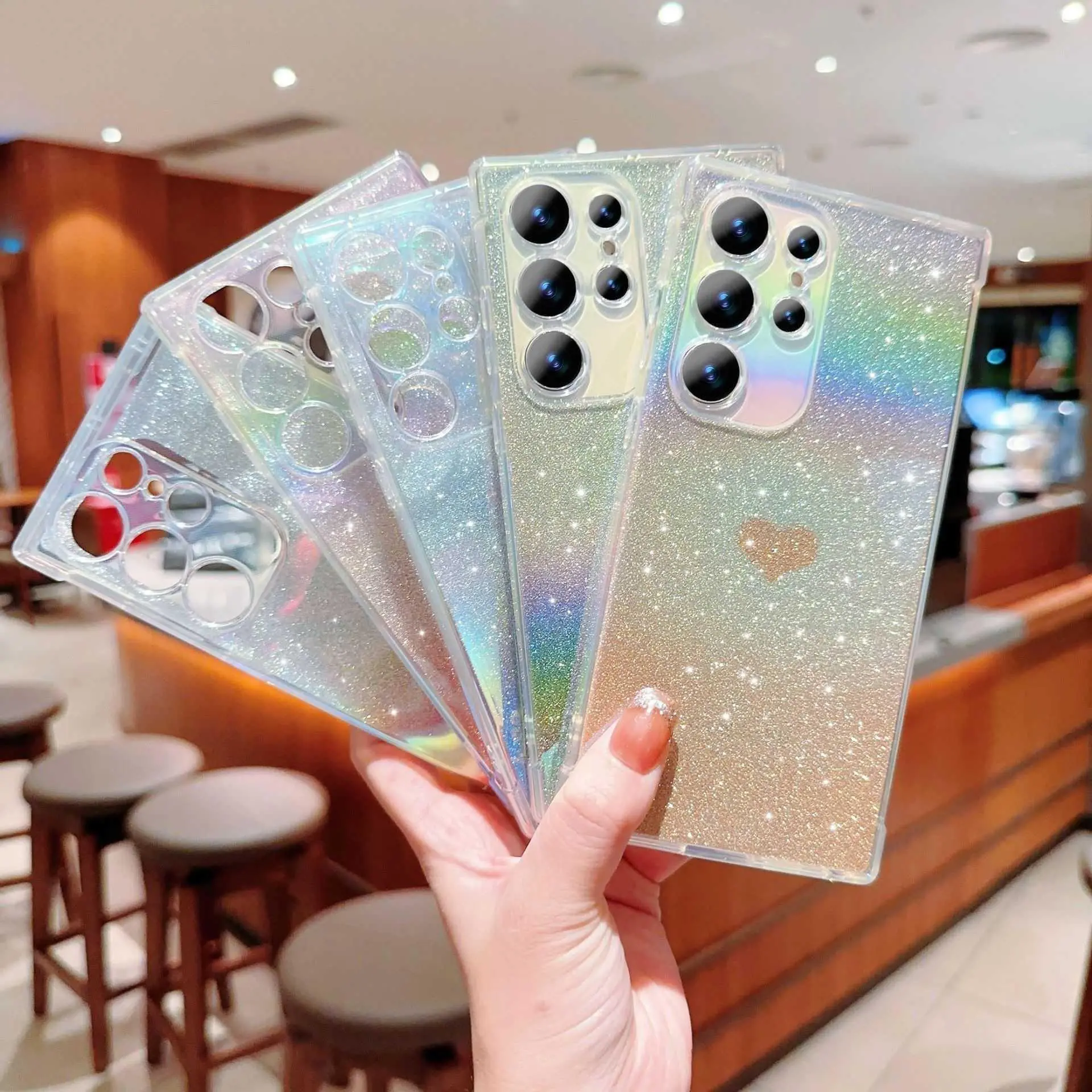 Gradient Rainbow Blue Light For Samsung S26 Ultra Phone Case For Samsung S25 FE Electroplated Heart Glitter Protective Case For Samsung A17 HNAB63PLQWE
