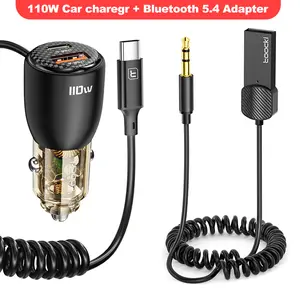 Toocki USB Socket & 3.5mm Audio Plug Car Bluetooth 5.4 Receiver TPU Spring Cable HiFi Sound Quality Built-in Microphone 110W USBA/USB-C Car Charger with USB-C Spring Cable for Apple, Samsung, Xiaomi, etc
