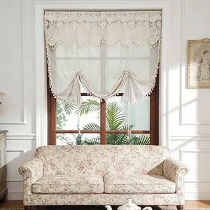 1PC Tie-up Balloon Curtain Boho Style Linen Curtain with Tassel Retro Crocheted Curtain Valance Attached Rustic Sheer Curtain Valance for Bedroom Living Room Rod Pocket Top