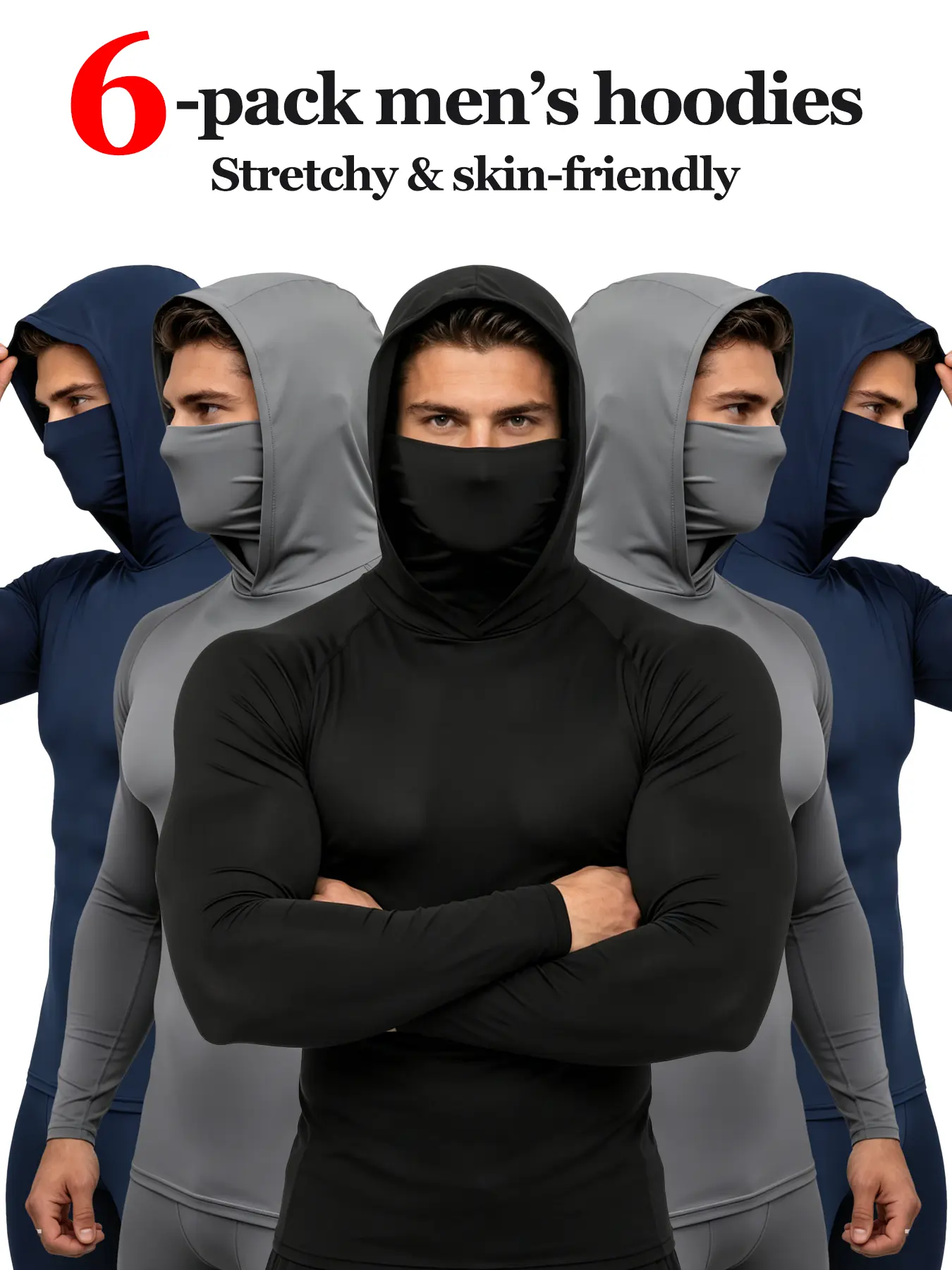 Men's 6-Pack Balaclava Hood Compression Shirts - Stretch Soft Face Mask Long-Sleeve Hooded Clothes Products for Motorcycle Riding, Cycling