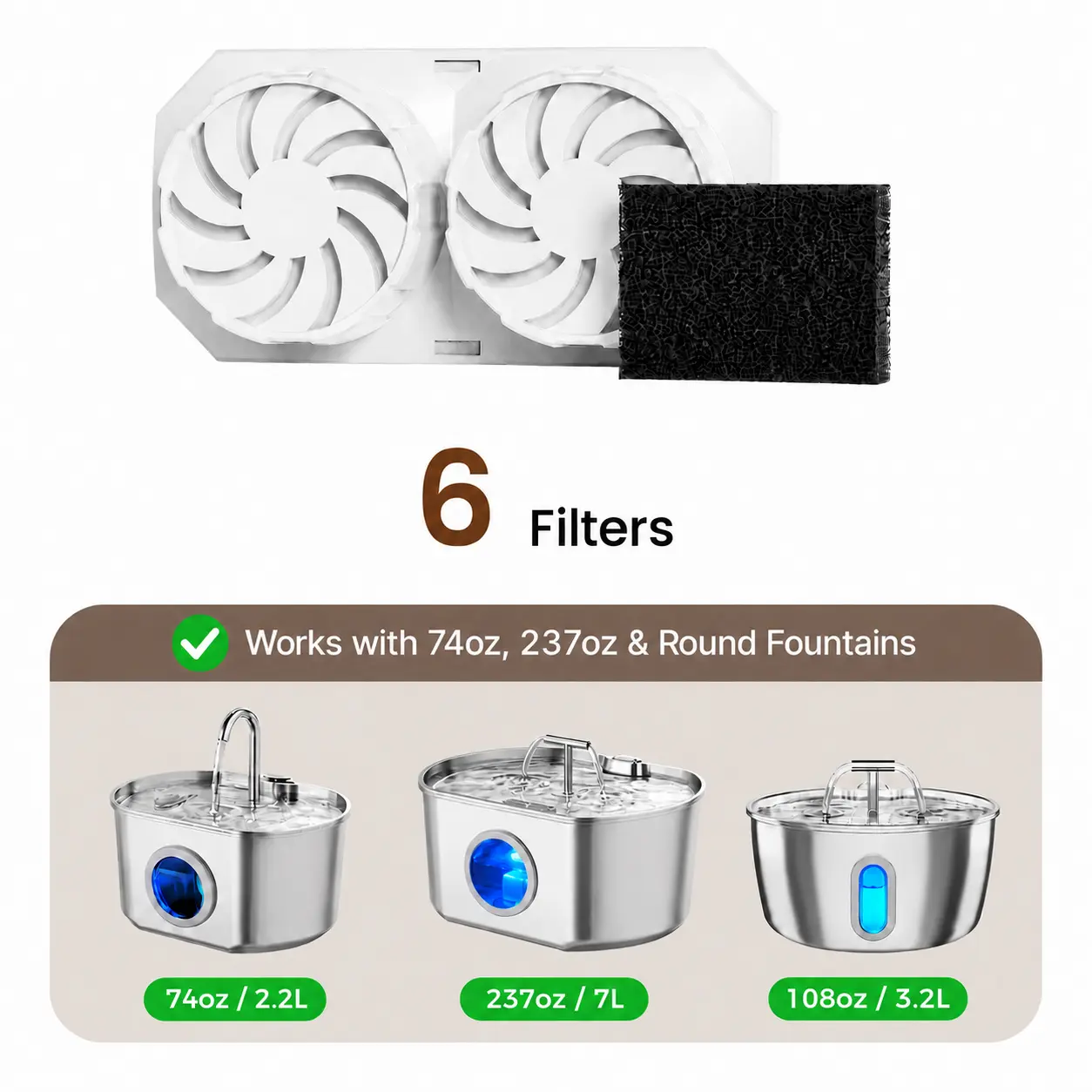 Round Cat Water Fountain Replacement Filters & Pre-Filter Sponges for Round Version 3.2L/108oz Stainless Steel Pet Fountain (6 Pack) catwaterfountain Automatic Gravity Feeder, Automatic Feeder