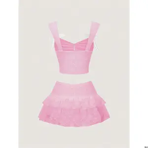Set of 2 Top + Pleated Skirt Hem Lace Hem Ruffles Pleats Low Waist Decoration Bow Chest Hem Ruffles Vest Pink Lace Women's Sweetro