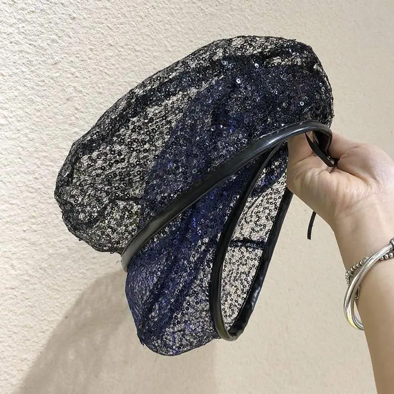Women's Korean Style Sequined Lace Beret, Sheer TR Fabric with Lace Accents, Breathable Summer Sun Protection, Adjustable 56-58cm Dome Crown, Uv Protection Clothing, Blue Sheer Yarn, Casual Fashion Accessory (Check Size Chart)