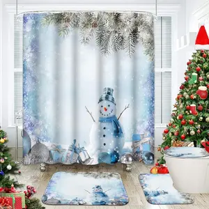 Christmas Blue Shower Curtain Set with Toilet Lid Cover and Non-Slip Rugs, Winter Snowman Bathroom Rug Set 4PC, Xmas Bathroom Decor