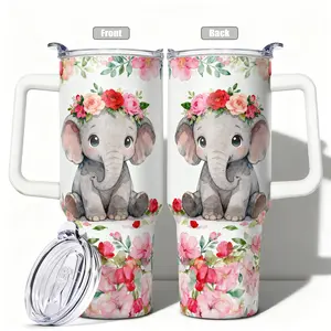 1pc, 40oz/30oz/20oz/14oz Stainless Steel Cup Watercolor Elephant and Floral Double Wall Vacuum Insulated Cup, Leakproof Lid & Carry Handle Travel Mug, Insulated Water Bottle for Outdoor Camping Hiking, Gift for Dad, Funny Dad Tumbler, Mo