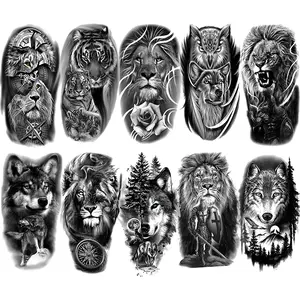 10 Pcs Half Sleeve Temporary Tattoo Stickers, Unisex Tribal Wolf Tiger Lion Design, Forest Floral Rose Animal Arm Tattoos, Body Fake Tattoos