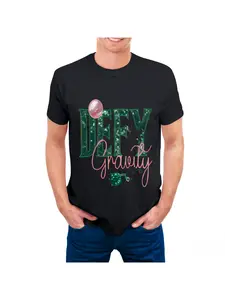 Womens Plus Size "Defy Gravity" Graphic T-Shirt - Loose Fit Crew Neck Short Sleeve Tee with Geometric Pattern, Black & Green/Pink Accents, Lightweight Stretch Fabric for Spring/Summer Casual Wear, La