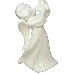 Vintage MCM Collectible Angel Figurine Playing Lyre Harp White Glossy Ceramic 12" H Classic Home Decor