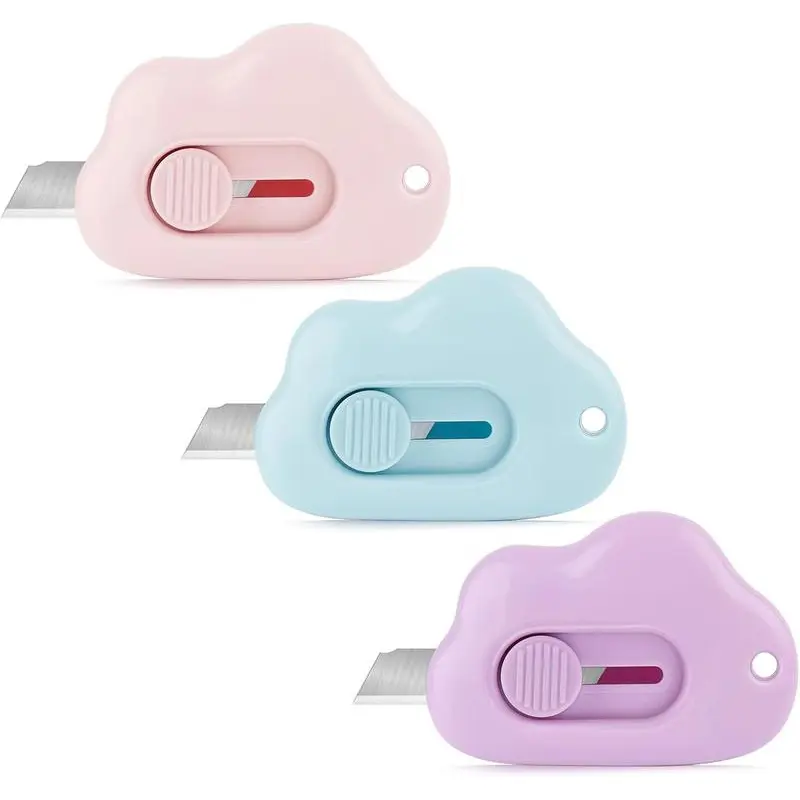 Box Cutters - 3 Pack Retractable Letter Opener for Key Chain, Pocket Bag, and Envelope Mail - Adorable Cloud Tiny Paper Cutter for Girls and Boys