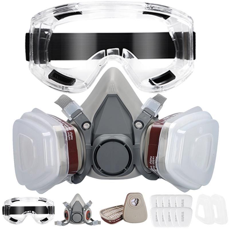 Dust-Proof Integrated Respirator & Half Face Mask Reusable with Safety Goggles , 15-in-1/11-in-1 Dual Filter Cartridge (Anti-Dust/Chemical/Pesticide) | For Spray Painting, Cutting,Carpentry, Anti-Chemical,Grinding,DIY Security Protection