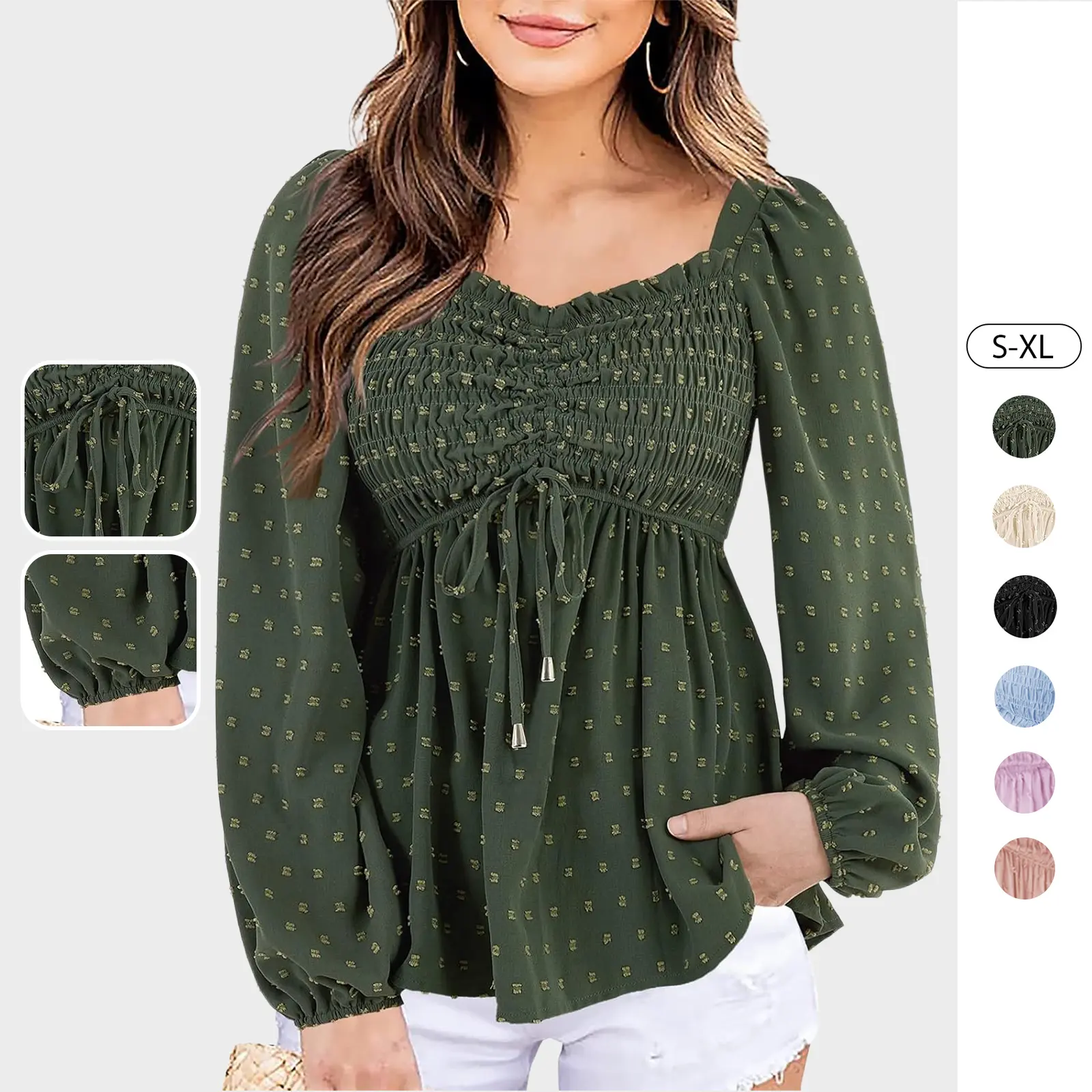 Tankaneo Women's V-Neck Smocked Peplum Blouse - Fitted, Basic, Cute Longsleeves Clothes with Swiss Dot, Balloon Sleeves, Ruched Details